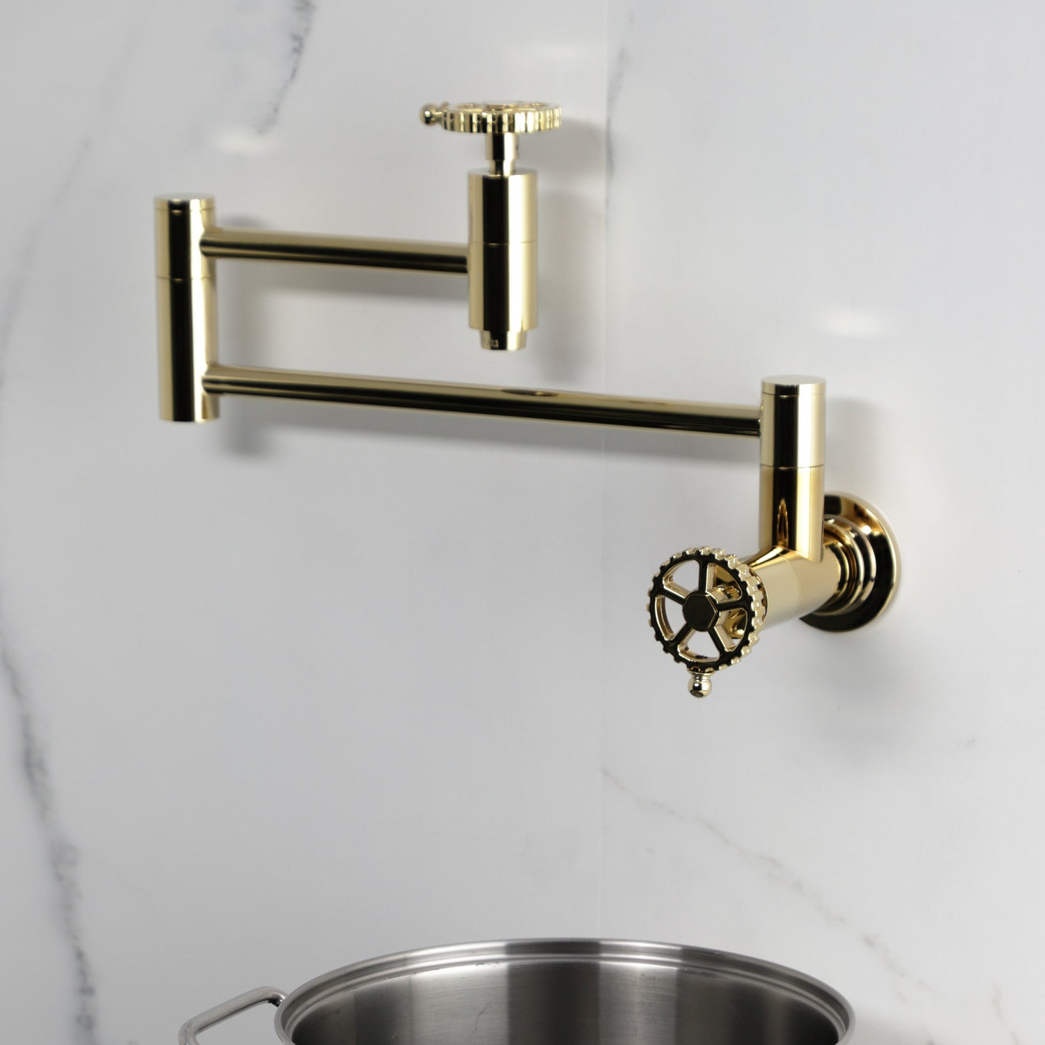 Kingston Sona KS8102CG - Fuller Two-Handle 1-Hole Wall Mount Pot Filler Faucet, Polished Brass — thumbnail 2